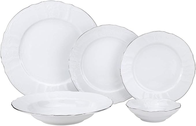 Euro Porcelain 20-pc Luxury Dinnerware Set w/Platinum Silver Ornament HQ Dining Tableware Service for 4 (Bernadette wht.)