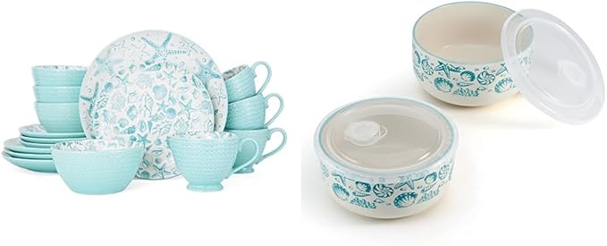 Pfaltzgraff Venice 16-Piece Stoneware Dinnerware Set Service for 4 and 6in Storage Bowls Aqua/White