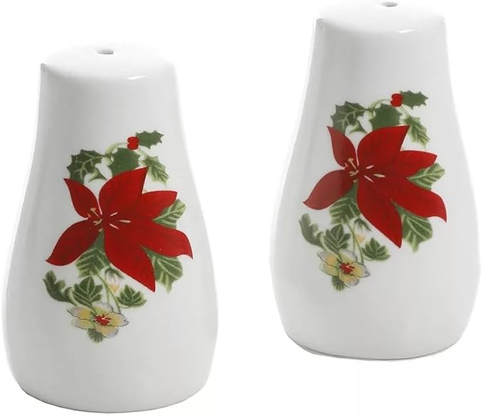Poinsettia 7 Piece Porcelain Serving Set in Red – Christmas Dinnerware with Holiday Plates Creamer &amp Sugar Bowl Microwave &amp Dishwasher Safe