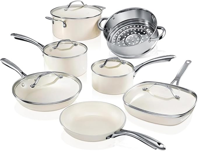 12/15 Pc Ceramic Pots and Pans Set Non Stick Kitchen Cookware Sets Ceramic Cookware Set12 Pc Set Cream-12 Pc Set - Cream-A