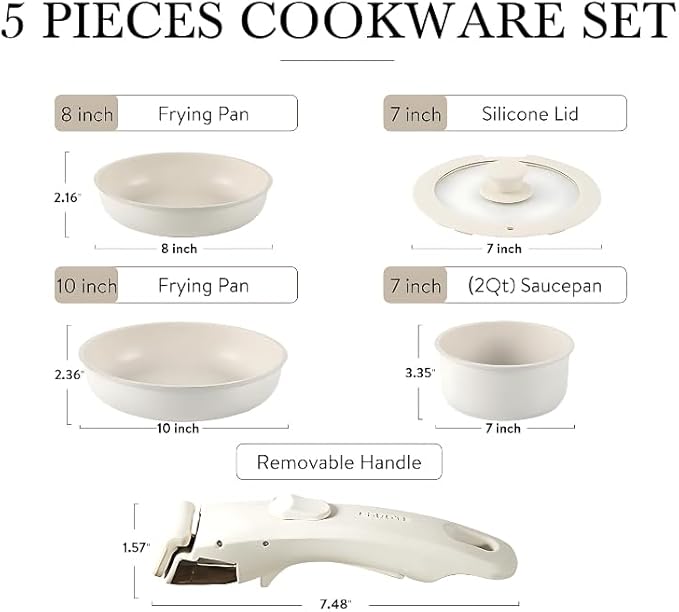 Generic Stackable Non-Stick Ceramic Cookware Set Maifanshi 3-Piece Detachable Handle Stainless Steel (Milk pot 18cm (with lid)) large swo01