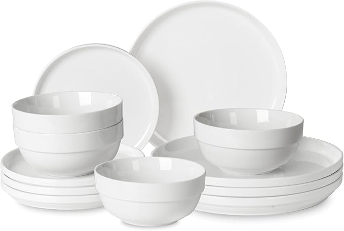 HAPPY KIT 12 Pieces Porcelain Dinnerware Set Serving Plates and Bowls Set for 4 Chip and Scratch Resistant White Kitchen Dishware Sets Thick-edge Non-slip Design