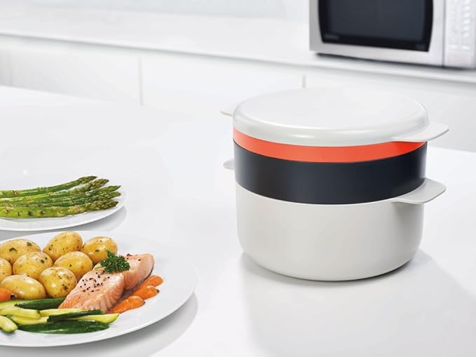 Joseph Joseph M-Cuisine Microwave 4-Piece Stackable Cooking Set 2 liter cooking pot steamer griddle and lid Orange/Beige