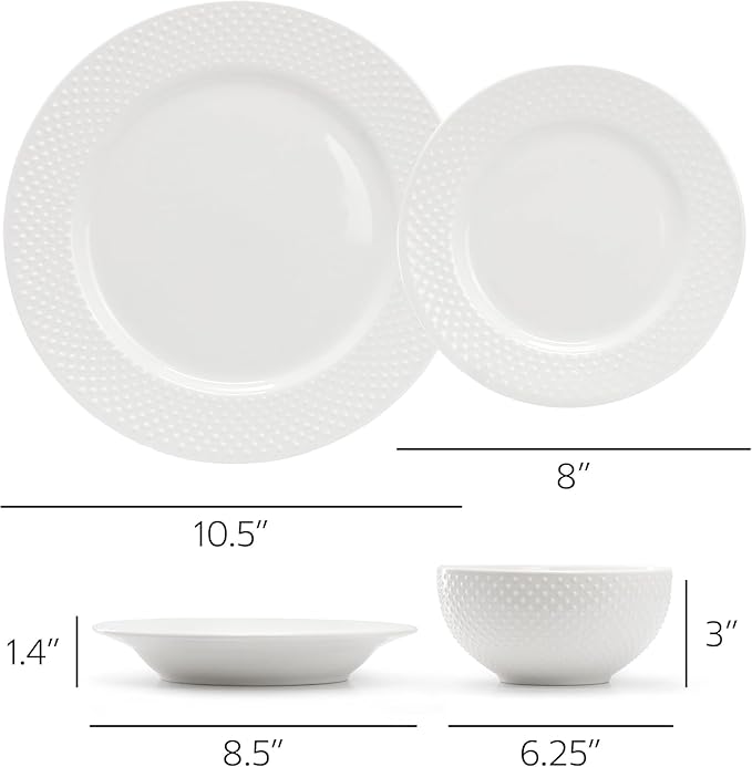 16 Piece Porcelain Dinnerware Set – White Hobnail Embossed Dish Set for 4 Microwave &amp Dishwasher Safe Plates and Bowls