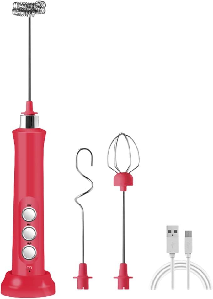 Immersion Blender Handheld 3-in-1 Hand Blender Electric with USB Rechargeable 3 Speeds Stainless Steel Blade Stick Blender with Whisk for Coffee LatteHot Chocolate Egg (Red)