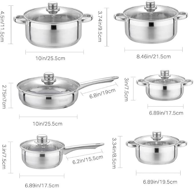 Cookware Set 12-Piece Kitchen Stainless Steel Cooking Pot &amp Pan SetsInduction SafeSaucepanCasserolepan with Glass Lid