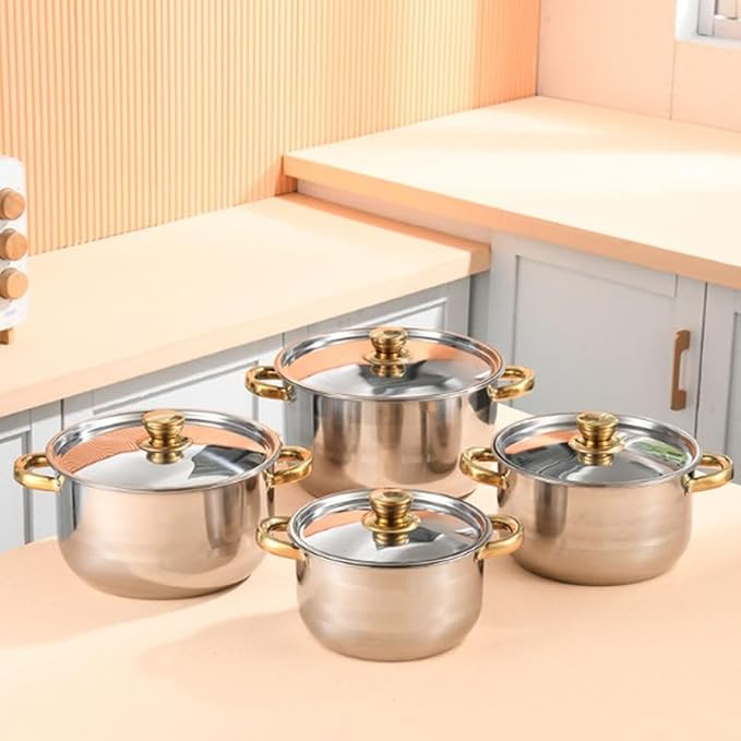 10PCS Stainless Steel Set Pot 18-26cm Lid Gold Plated Ear Soup