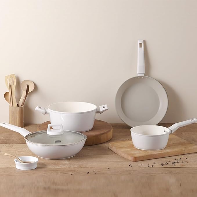 Induction cukin cookware set pan 2P+ pot 2P+ lid 1P white
