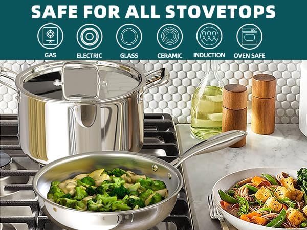 Umite Chef Stainless Steel Cookware Set 5 Ply 14 Piece Stainless Steel Pot and Pan Set-Induction Heavy Chef Quality Oven Safe | Professional Kitchen Cooking Appliances PFOA PTFE &amp PFOS Free
