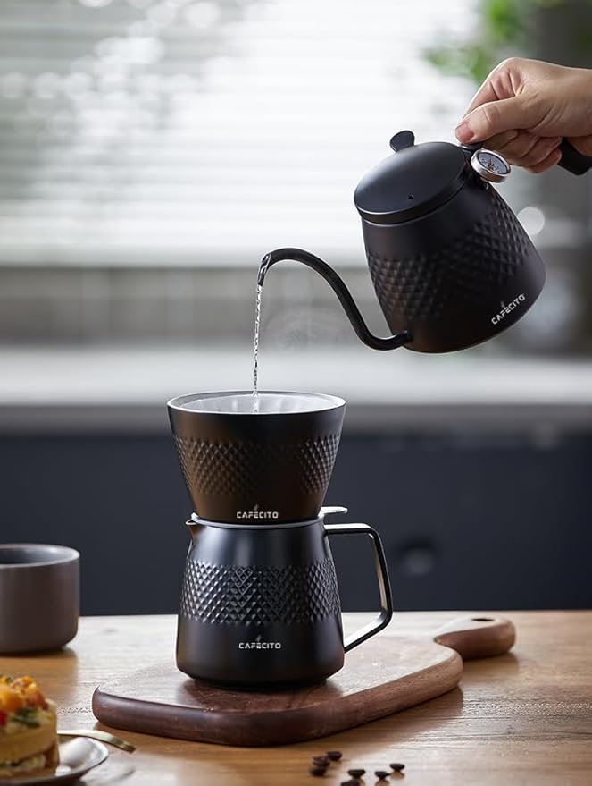 CAFECITO Pour Over Coffee Maker Dripper &amp Server Set | 12oz Double Wall Stainless Steel | Diamond Pattern V60 Brewer Cone Set | 1-2 Cups | Anti-Over Extraction Design