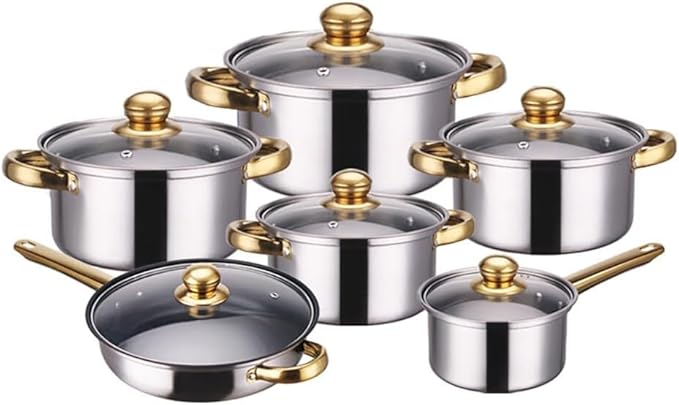 Stainless Heavy Steel Pots and Pans Set 12PCS Ktichen Stainless Steel Nonstick Cookware Set with Glass Lids Full Clad Cooking Set with Stay-Cool Handles Dishwasher Safe Compatible with All Stovetops I