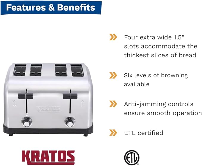 Kratos Commercial Four Slice Pop-Up Toaster 1.5 Wide Slots for Bagels and Special Breads Stainless Steel Countertop Toaster with Two Crumb Trays 120V 1800 Watts ETL Certified (29M-011)