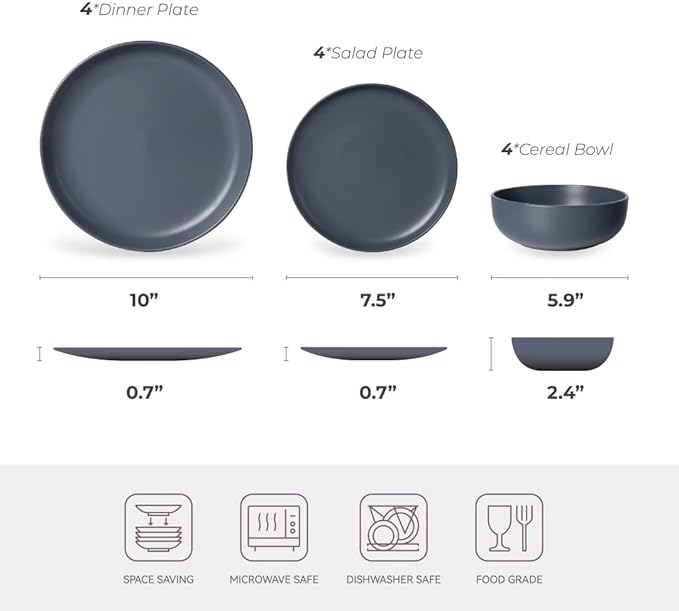 12-Piece Premium Stoneware Dinnerware Set Matte Glaze Finish Service for 4 Includes 4 Dinner Plates 4 Salad Plates 4 Cereal Bowls Microwave and Dishwasher Safe Blue
