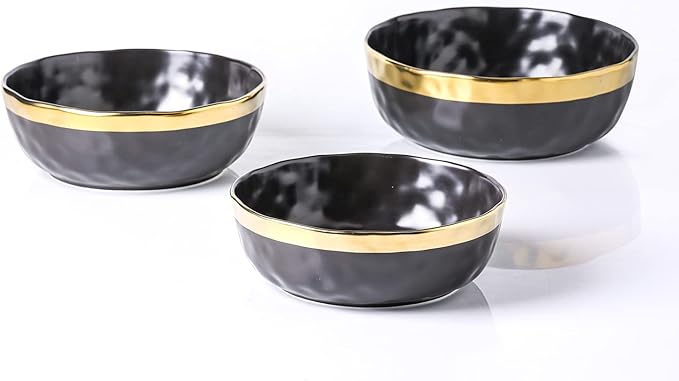 Stone Lain Florian Porcelain 3-Piece Round Bowl Service Set Black with Gold Rim