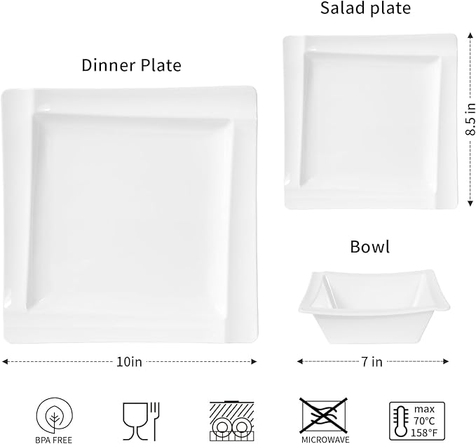 Square Melamine Dinnerware Sets of 12 PcsSquare Plates and Bowls SetsUnbreakable Dish Set for 4Lightweight Dishwasher Safe and BPA FreeSuit for RVCamping（White）