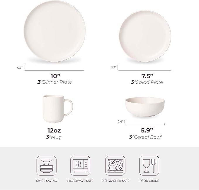 Plates and Bowls Sets 12 Pieces Stoneware Dinnerware Sets with Mugs Stackable Matte Glaze Kitchen Stoneware Plates and Bowls Set for 3 Microwave and Dishwasher Safe(White)