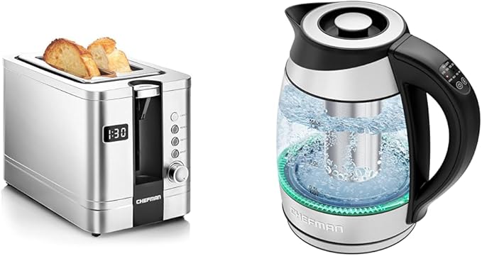 Chefman 2-Slice Digital Toaster Pop-Up Stainless Steel Extra-Wide Slots For Bagels Defrost &amp Electric Kettle with Temperature Control 5 Presets LED Indicator Lights