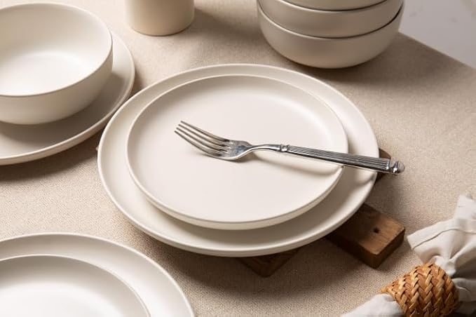 12-Piece Stoneware Dinnerware Set for 4 10 Plates &amp 7.5 Salad Plates &amp 5.9 Bowls Microwave &amp Dishwasher Safe Stackable Matte Glaze Kitchenware Chip &amp Scratch Resistant(White)