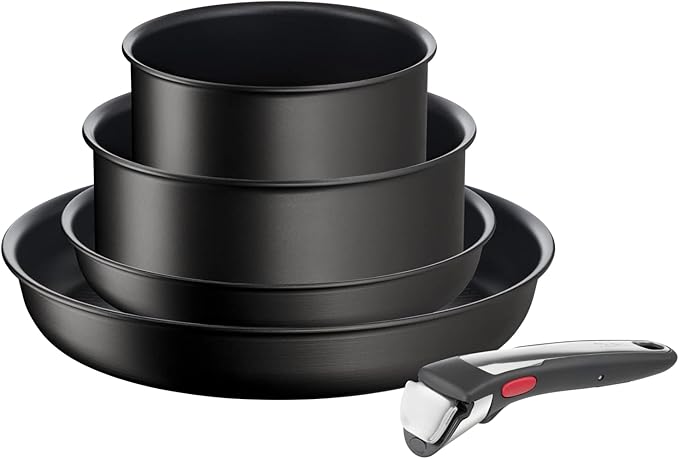 Tefal Ingenio Unlimited On 5 Piece Set Pots &amp Pans Set Stackable Easy Cleaning Bakelite Removable Handle Non-Stick Coating Heat Indicator Induction Black L3959543