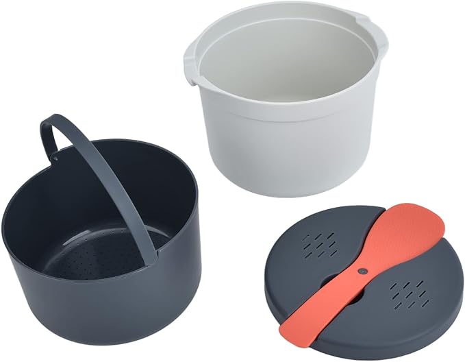 2L Microwave Rice Cooker Kitchen Cookware Food Grade PP Material with Rice Scoop Lid Strainer Steaming Pot for All Microwaves (Orange)