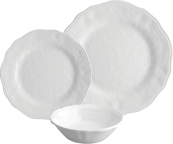 UPware 12 Piece Dimple Melamine Dinnerware Sets Outdoor Dishes Set Plates and Bowls Sets Service for 4 White