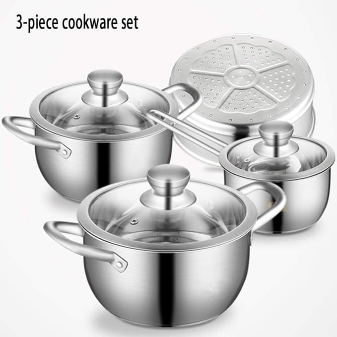 Kitchen Cookware Sets 3Pcs Cookware Set Soup Pot Milk Pan Steamer with Glass Lid Stainless Steel Cooking Pot Set Kitchen Cooking Set Cooking Pots