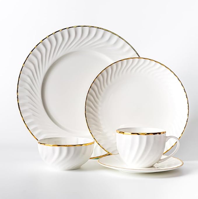 Elegant Porcelain Dinnerware Set with Gold Rim Embossed Wave Pattern 20 Piece Service for 4 Includes Dinner Plates Salad Plates Bowls Cups with Saucers Dishwasher Microwave Safe