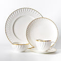 Elegant Porcelain Dinnerware Set with Gold Rim Embossed Wave Pattern 20 Piece Service for 4 Includes Dinner Plates Salad Plates Bowls Cups with Saucers Dishwasher Microwave Safe