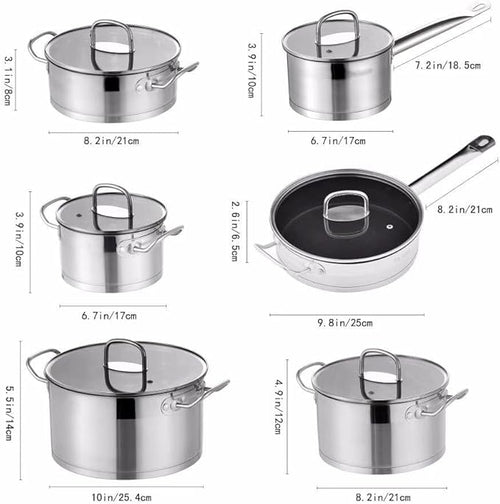 12-Piece Non-Stick Cookware Set Stainless Steel Pots &amp Pans with Tempered Glass Lids Induction-Compatible Frying Pan Saucepans Casserole