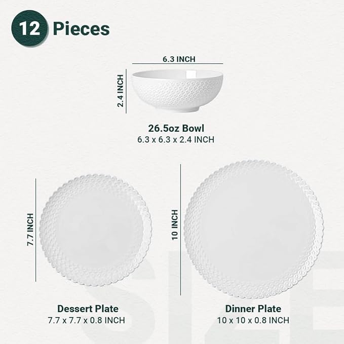 HOMBENE Dinnerware Set 12 Piece Porcelain Dinnerware with Plates Bowls and Dishes Modern Dish Set for 4
