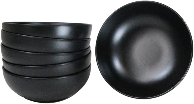Ebros Gift Contemporary Ridged Matte Black Melamine Series Dinnerware Serveware Kitchenware Set Japanese Chinese Restaurant Supply (Pack Of 6 Round Soup Appetizer Rice Shallow Bowls 16oz)
