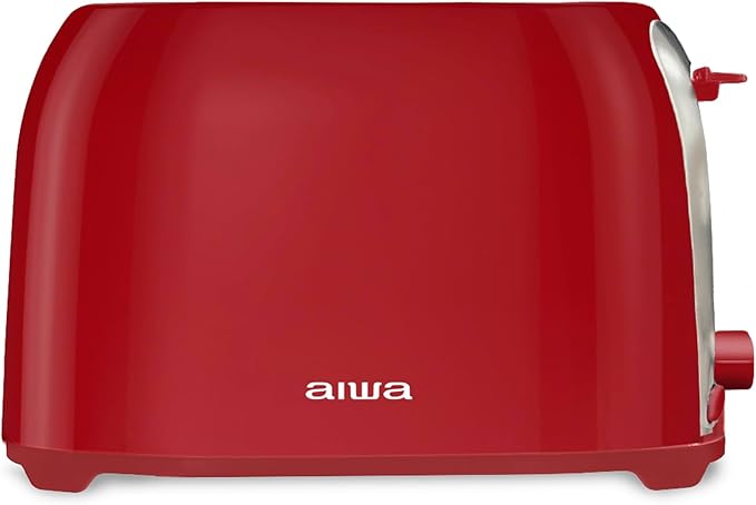 Aiwa Toaster 2 Slice Wide Slot Reheat and Defrost Function 6 Browning Settings Drop Down Crumb Tray Red