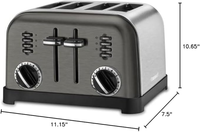 Cuisinart 4 Slice Toaster Compact Stainless Steel Toaster with Extra-Wide Slots for Toasting Bread French Toast Bagels and Pastries Defrost &amp Reheat Functions CPT-180BKSP1 Black/Stainless St