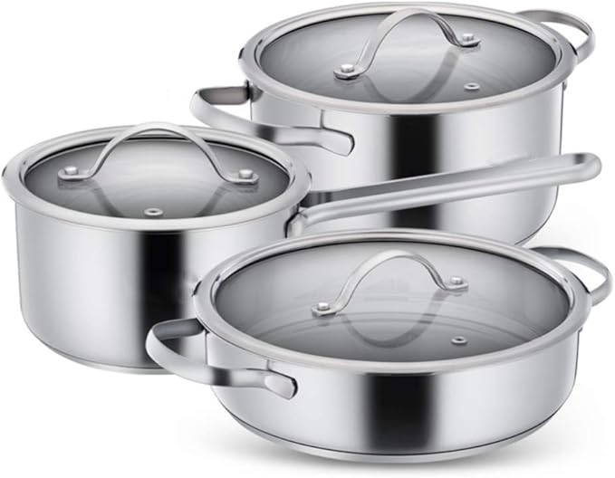 Cooking Pot Stainless Steel Cookware Set 3-Pieces Saucepans Set with Glass Lid Safe Uncoated Pot Suitable for All Hob Types