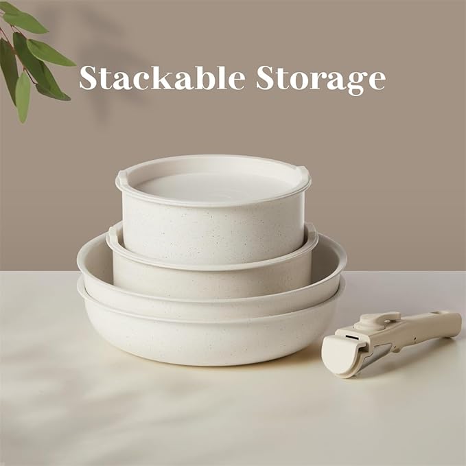 12 Pcs Pots and Pans Set Nonstick Kitchen Cookware Sets Detachable Handle Induction Healthy Non Stick RV Cookware Dishwasher ＆ Oven Safe Beige