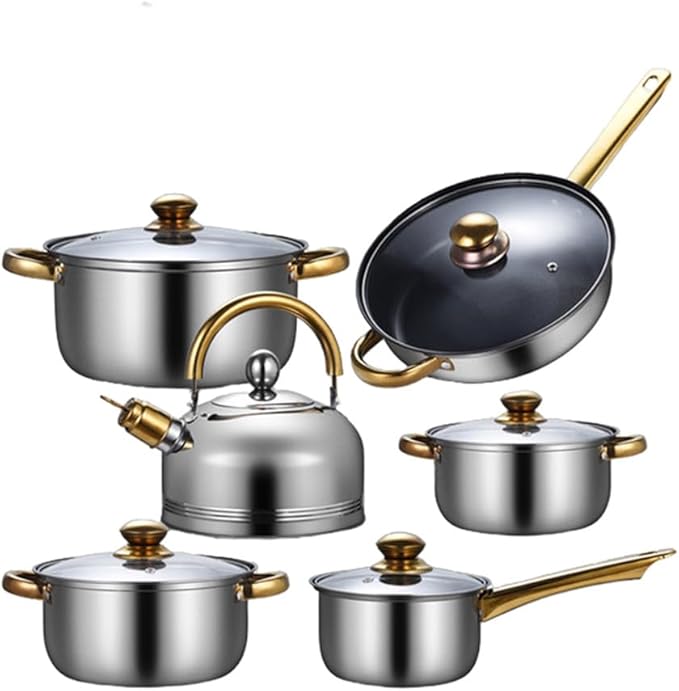 12 Pieces of Stainless Steel Cookware Set 6 Kinds of Kitchen Pot Combination Frying Pan Soup Pot Milk Pot Kettle Set PotKettle B12 Pc-Kettle A-12 pc