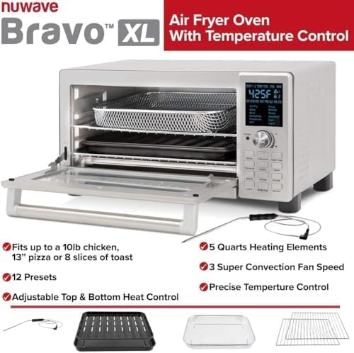 Nuwave Bravo Air Fryer Toaster Smart Oven 12-in-1 Countertop Convection 30-QT XL Capacity 50°-500°F Temperature Controls Top and Bottom Heater Adjustments 0%-100% Brushed Stainless Steel Look