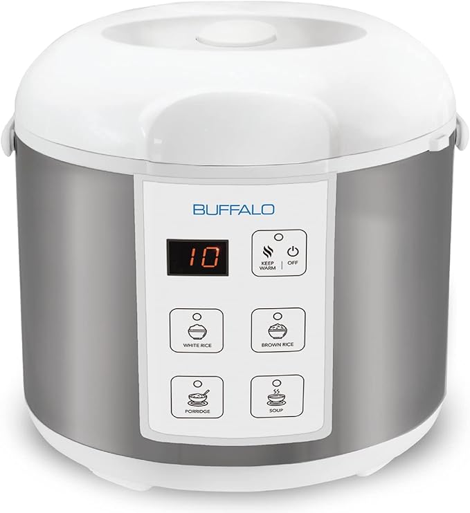 Buffalo Classic Rice Cooker with Clad Stainless Steel Inner Pot - Electric Rice Cooker for White/Brown Rice Grain - Easy-to-clean Non-Toxic &amp Non-Stick Auto Warmer (10 Cup)
