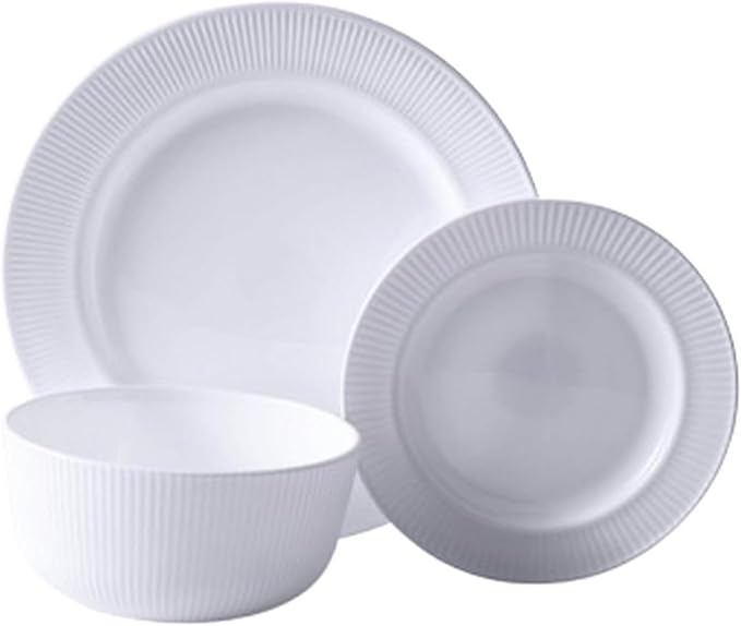 12-Piece Break-Resistant White Opal Glass Dinnerware Set – Modern Dinnerware with Embossed Stripe Design Microwave &amp Dishwasher Safe