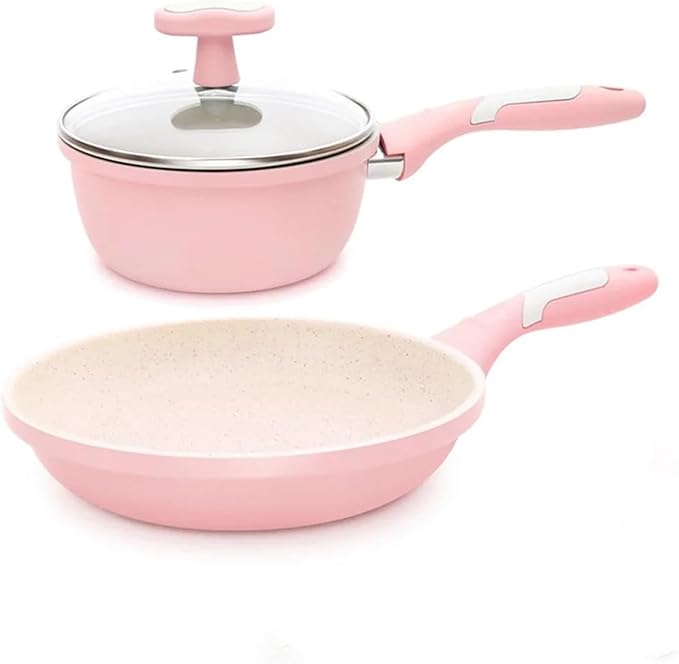cookware set Stone Kitchen Soup Non-Stick Frying Pan Set Pot Milk With Handle Lid Cookware Cooking Utensils For(Pink set 1)