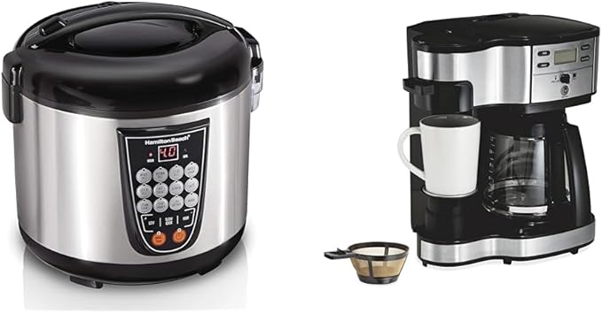 Hamilton Beach 20-Cup Programmable Rice Cooker Slow Cooker &amp Food Steamer with 14 Settings &amp 2-Way 12 Cup Programmable Drip Coffee Maker &amp Single Serve Machine Glass Carafe Auto Pause a