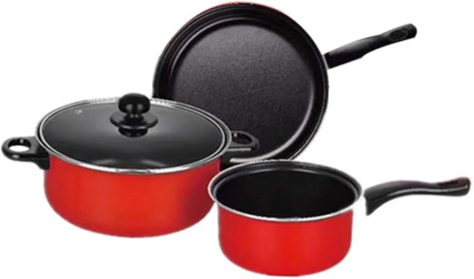 STOBAZA 3pcs Nonstick Frying Pan Soup Pot Milk Pan Set Red Multifunctional Kitchen Cookware Cooking Tool for Home Daily Use