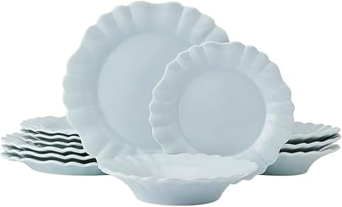 Pfaltzgraff Graceful Petals 12 Piece Stoneware Dinnerware Set Service for 4 Scalloped Plates Bowls for Everyday Use Blue