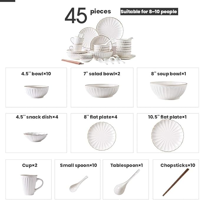 Dinner SetCeramics Dinner Sets45 Pieces Petal Design Matte Porcelain Dinnerware Set Cereals Bowl &amp Mug &amp Plate for Wedding Gifts and Family PartyA~White
