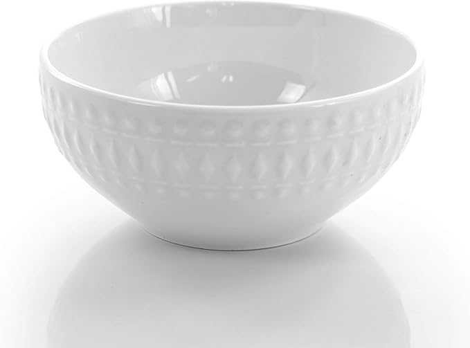 16-Piece Porcelain and Stoneware Dinnerware Set – White or Blue Round Plates and Bowls with Embossed Pattern Microwave &amp Dishwasher Safe Tableware for 4 (White)