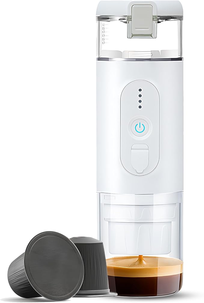 HURRISE Portable Electric Coffee Maker Travel Portable Espresso Machine 12V Car Coffee Maker Camp Coffee Maker for NS Capsules Hiking Office (White)