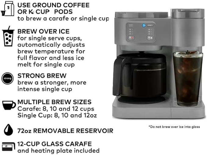 KeuriigK K Duo Essentials Hot &amp Iced Single Serve K Cup Pod Coffee Maker &amp Carafe Multiple Sizes (8 10 or 12 oz) 12 cup glass carafe (Grey)