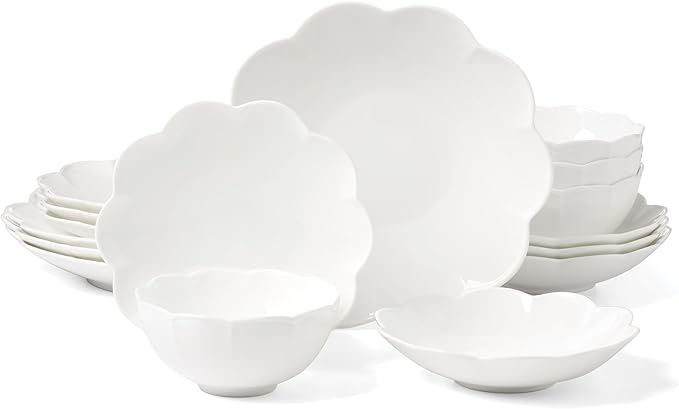 Lenox Dinnerware Set Studio 1414 Scallop 16-Piece Set Service For 4 Bone China Material Dishwasher &amp Microwave Safe Home And Kitchen Kitchen And Dining Plates And Bowls Sets (White 16 Piec