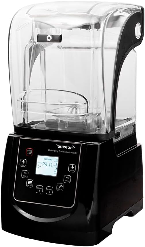 Turbosaver TB-020C Commercial Blender with Sound Enclosure 4HP 2200W Heavy Duty Motor 51 oz BPA-Free Jar Digital Touch Panel Quiet Professional Smoothie &amp Ice Crusher Blender (Black)