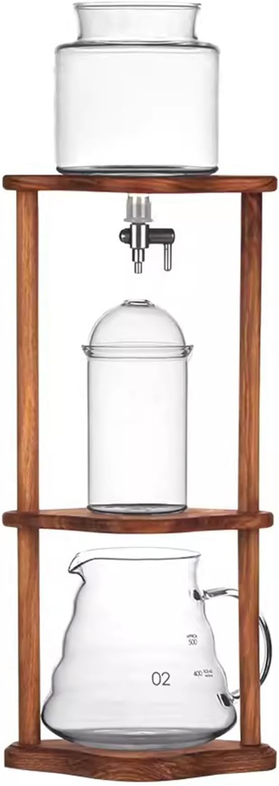 Cold Brew Drip Tower Iced Coffee Maker 600ml Glass Coffee Pot Adjustable Speed Dripper with Wood Stand Coffee Lover Gift Makes 6-8 Cups Coffee